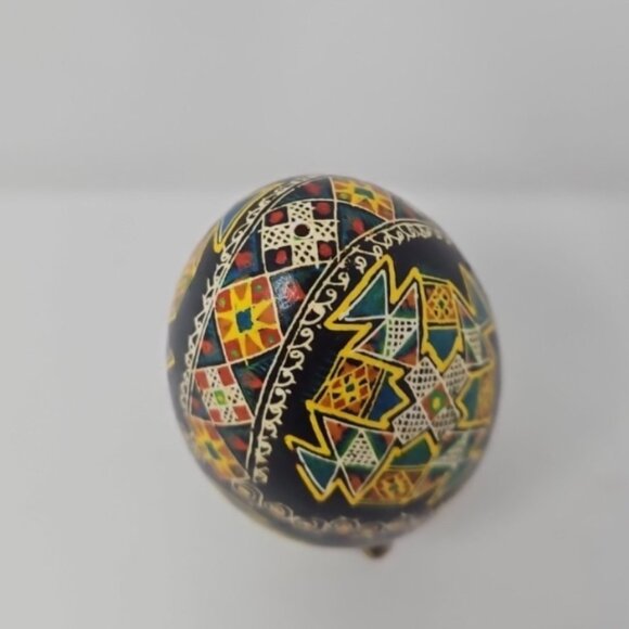Vintage Ukrainian Pysanky Pysanka Hand Painted Goose Egg w/Stand Geometric Black - Picture 5 of 5